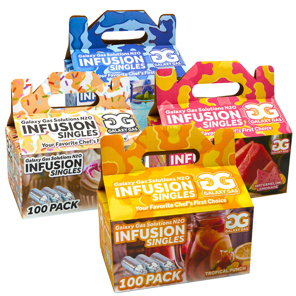 Galaxy Gas Infusion N2O Cream Chargers in a colorful 100pc box set, assorted flavors visible