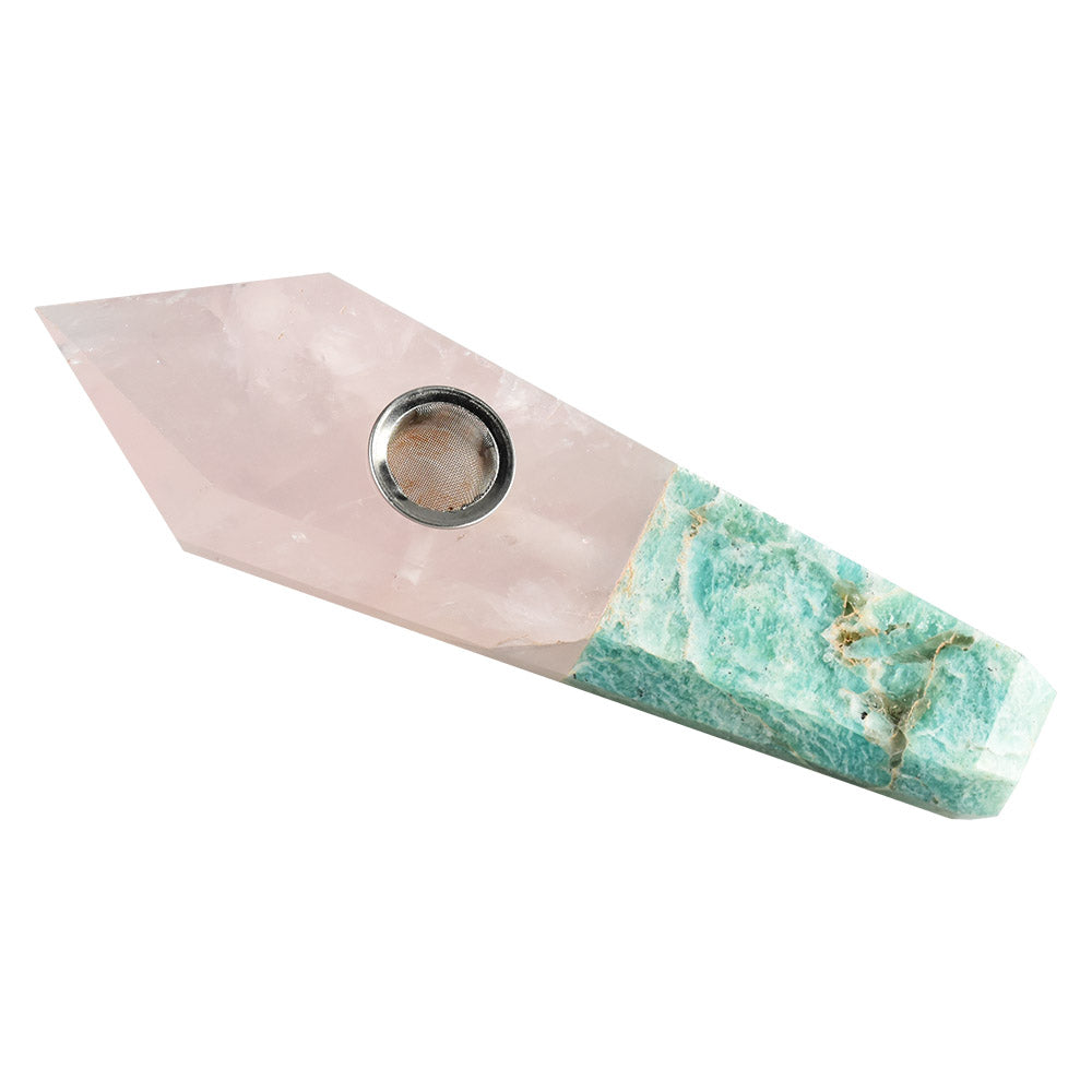 Quartz and Amazonite Natural Gemstone Hand Pipe, 4" Spoon Design for Dry Herbs - Top View