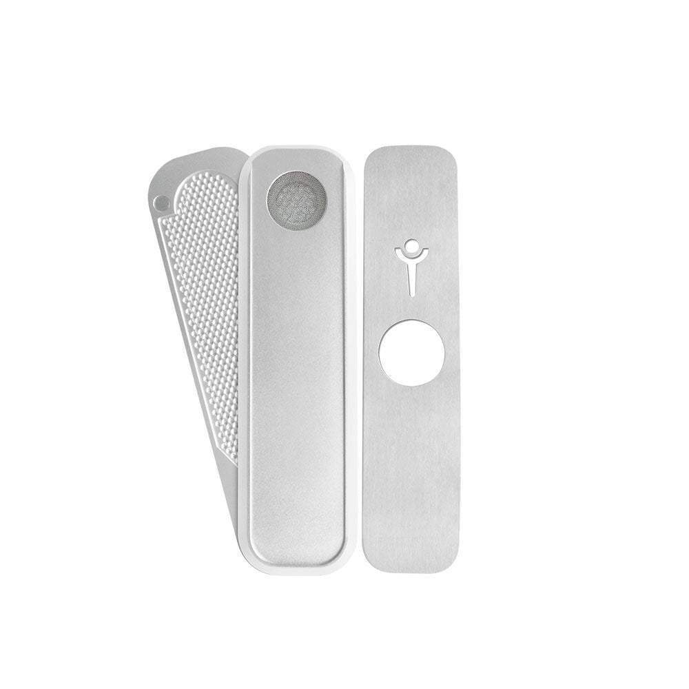 Genius Pipe Mini in Silver, portable metal hand pipe, top view on white background