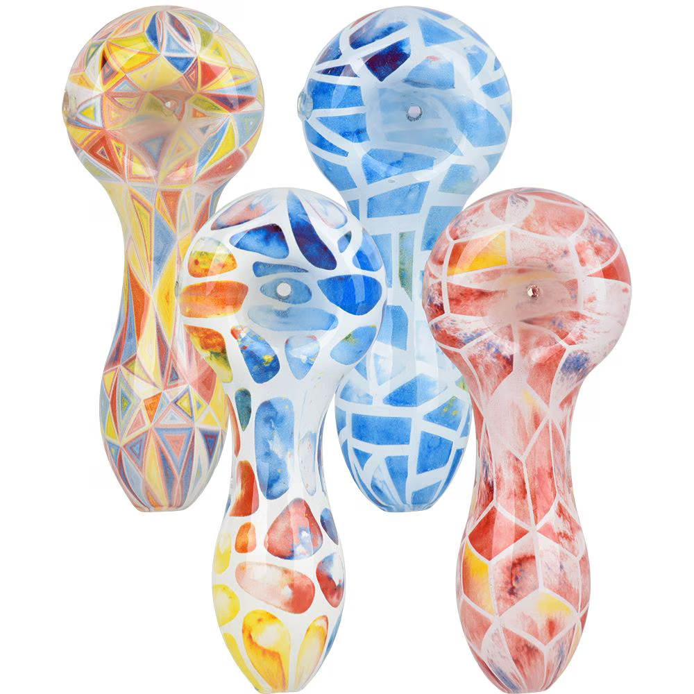 Geometric Colorful Print Glass Spoon Pipe | 3.75" | Colors Vary