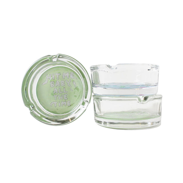 Giddy Glass 'Hit Me Baby' Borosilicate Ashtray Duo, 3-inch, Front View on Seamless White