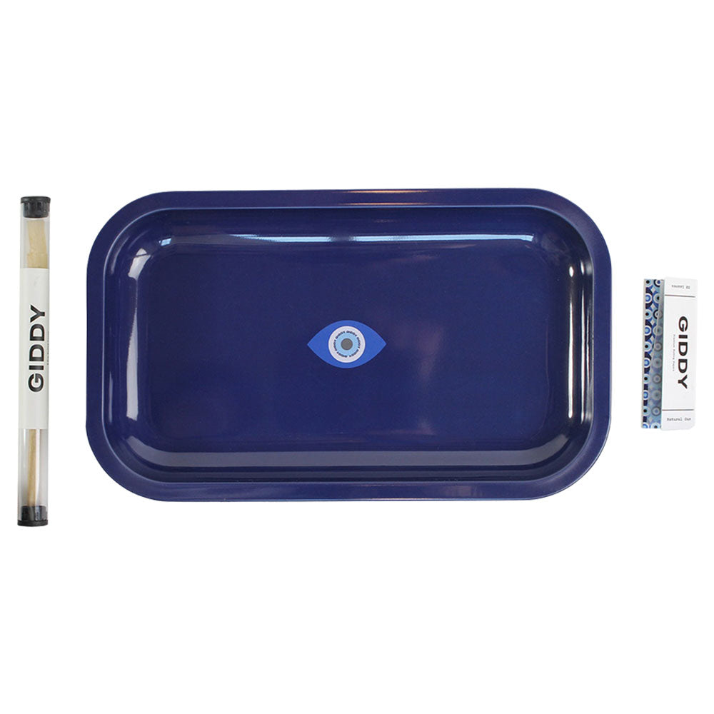 Giddy Glass Rolling Tray Bundle with Eye Design, 10"x6" Size, Hemp Cone & Metal Tray, Top View