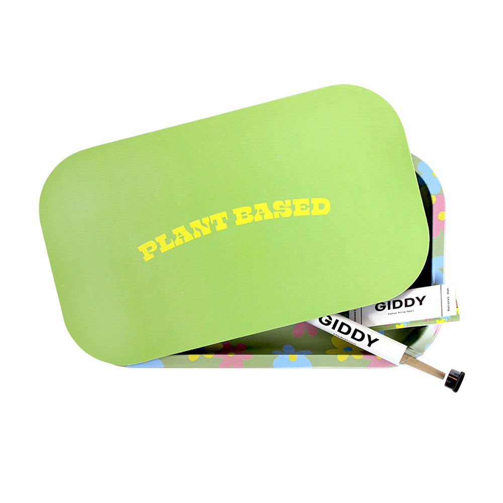 Giddy Rolling Tray Bundle with vibrant design, 10"x6" size, and 'PLANT BASED' text, top view