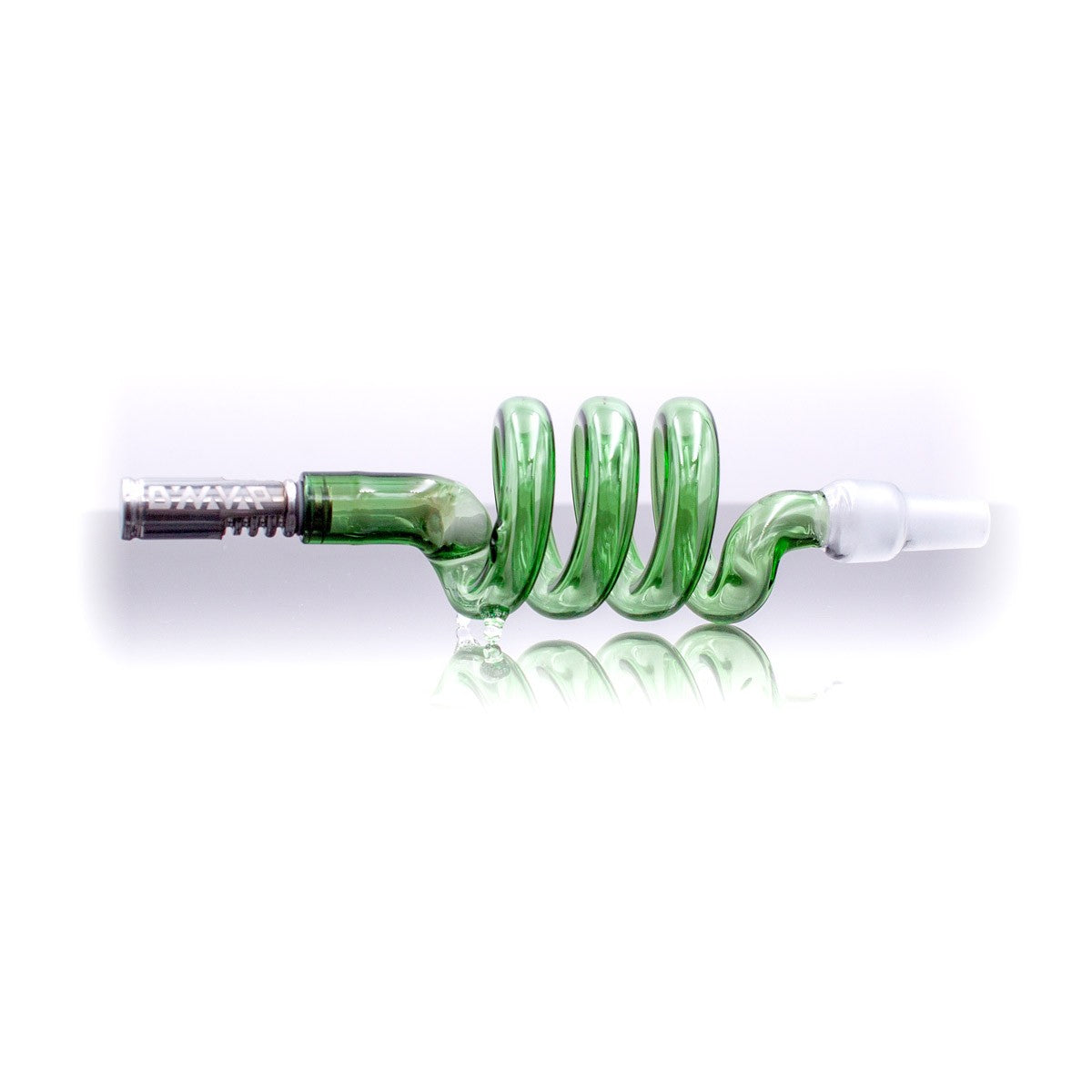 DynaVap Glass Coil Cooling Stem, 4.5" green, universal fit, water pipe compatible, side view on white