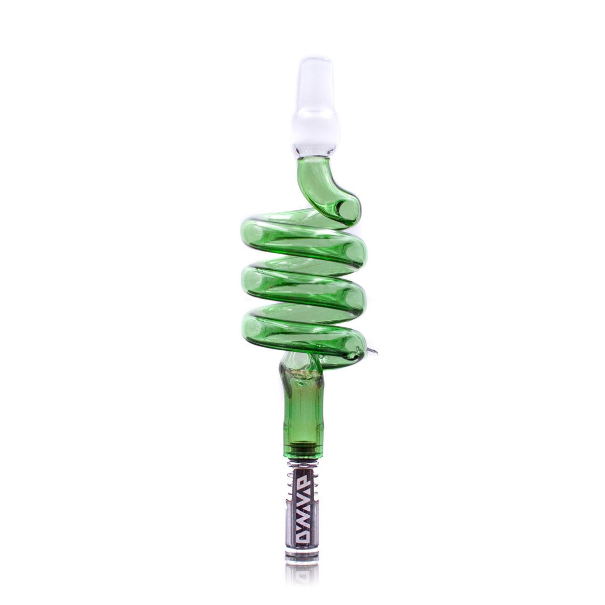 Green Glass Coil Cooling Stem for DynaVap - Front View on Seamless White Background