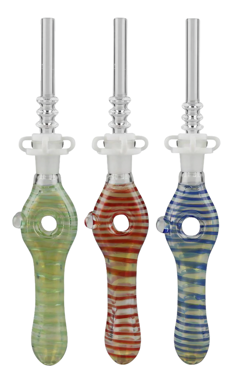 Assorted colors glass donut dab straws with quartz tips, front view on white background