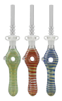 Assorted colors glass donut dab straws with quartz tips, front view on white background
