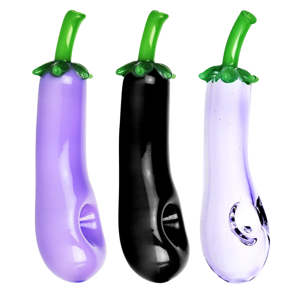 Assorted colors glass eggplant hand pipes with deep bowls for dry herbs, front view