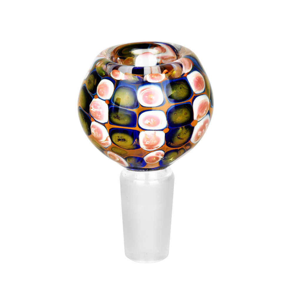 Borosilicate Glass Herb Slide Bowl, 14mm, Front View, Colorful Mosaic Pattern