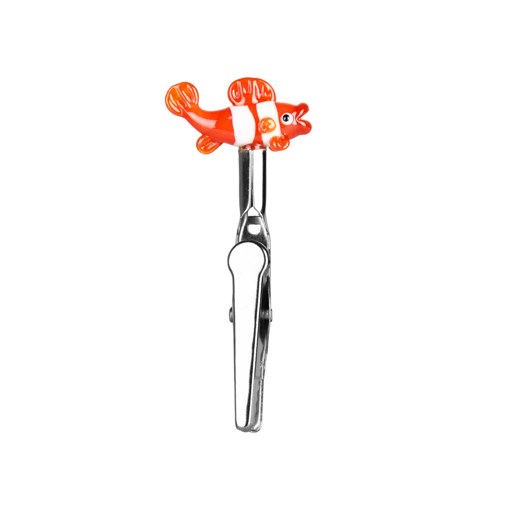 Compact 3" glass memo clip with orange fish design, portable joint holder, front view
