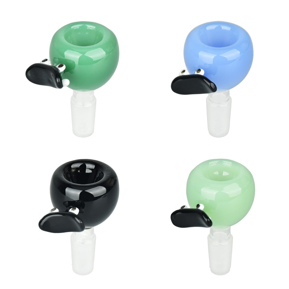 Assorted 14mm Glass Skateboard Herb Slides in green, blue, black, and mint, top view on white background