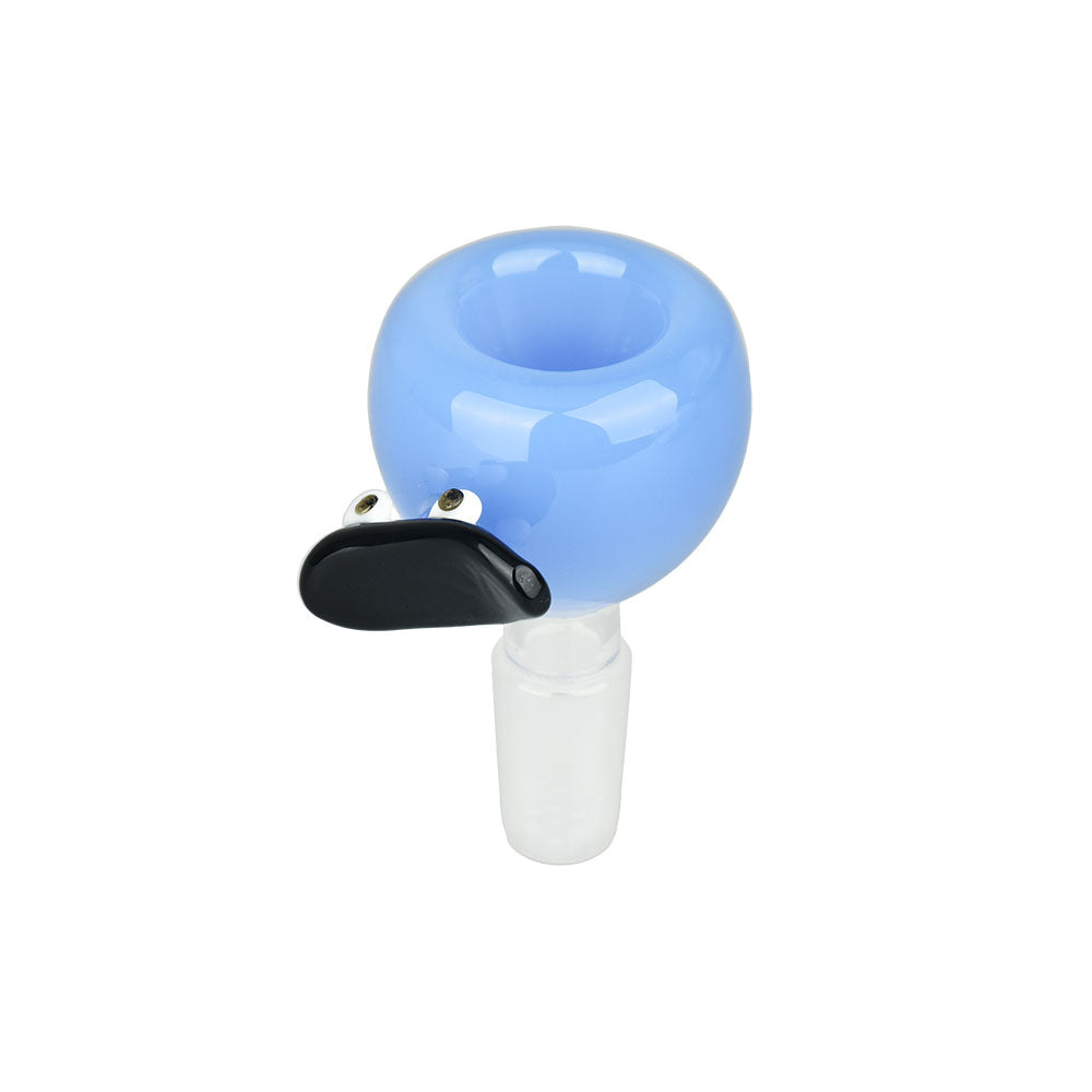 Blue Glass Skateboard Herb Slide, 14mm Male Joint, Front View on White Background