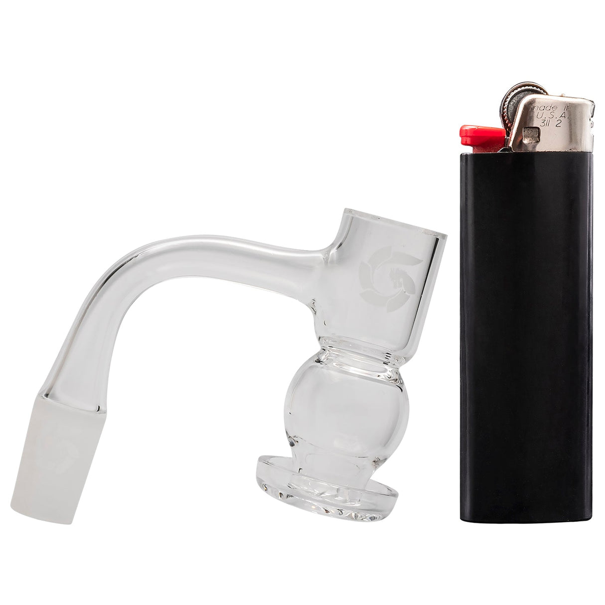 Glasshouse Egg Terp Banger Kit side view with 90-degree male joint and lighter for scale