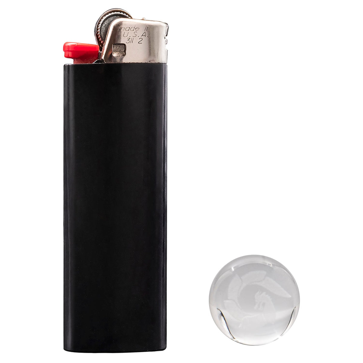 Glasshouse Etched Marble Cap next to lighter for scale, clear borosilicate glass, 2mm size, for dab rigs