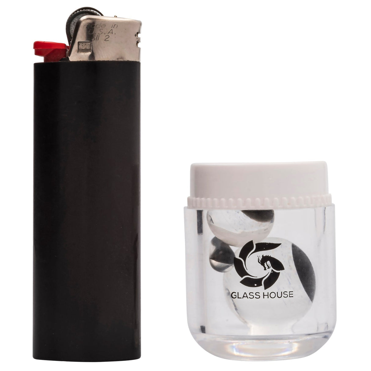 Glasshouse Galaxy Marble and Capsule Terp Kit with lighter for scale, front view on white background