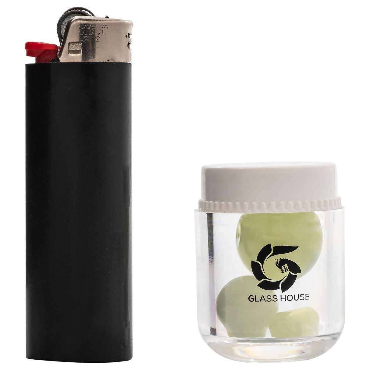 Glasshouse Glow in the Dark Terp Kit next to lighter for scale, front view on white background