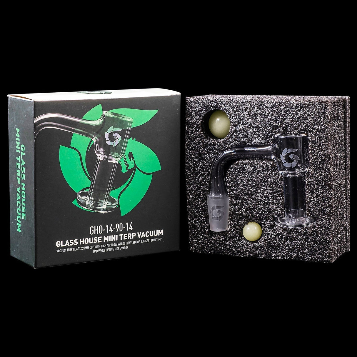 Glasshouse Mini Quartz Terp Vacuum Kit with packaging, male joint, and two terp pearls