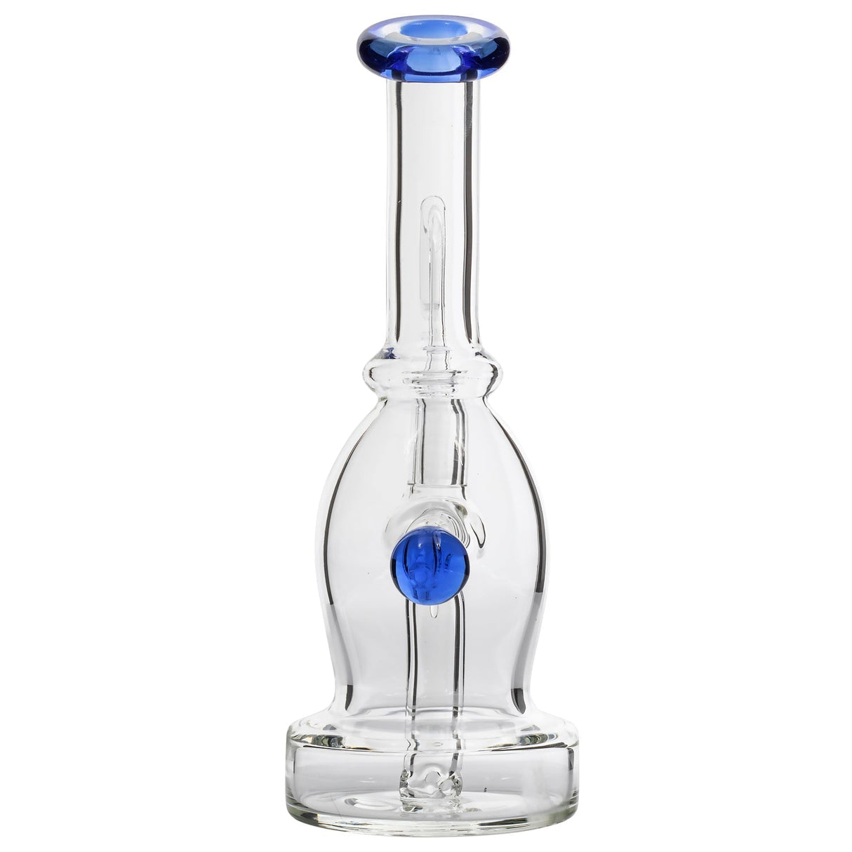 Glassic Curved Dab Rig with Blue Accents, Banger Hanger Design, Front View on White Background