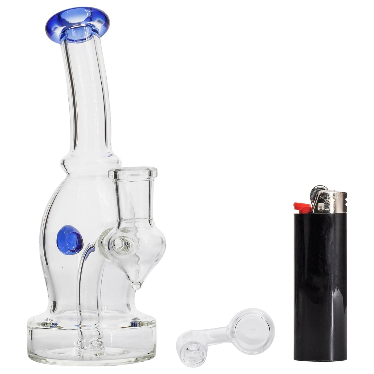 Glassic Curved Dab Rig with Blue Accents and Banger, Front View with Lighter and Bowl