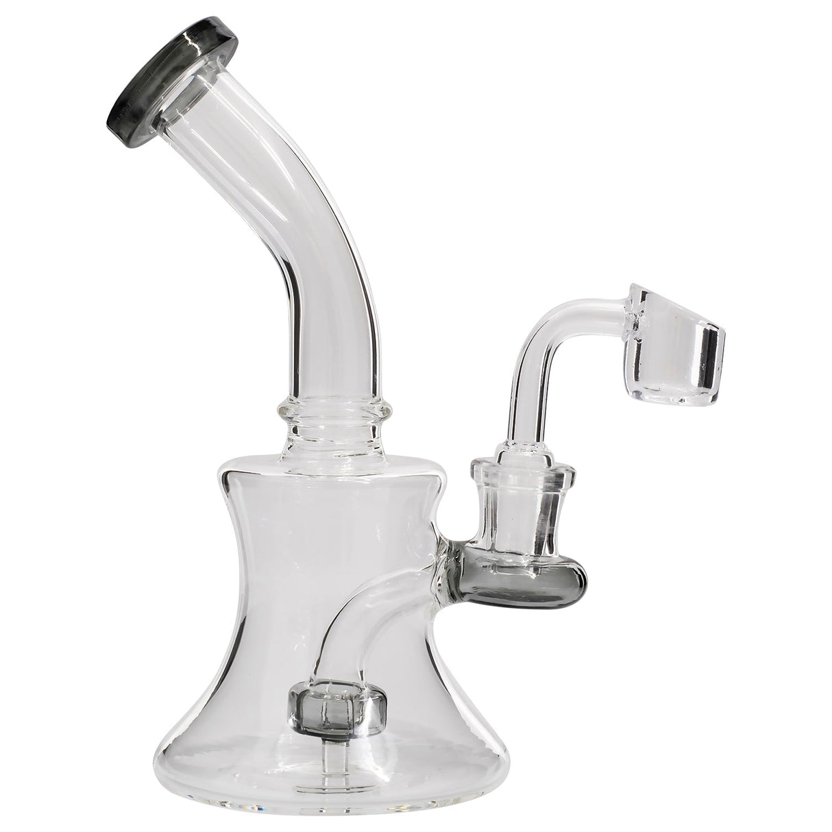 Glassic Hourglass Dab Rig with Smoke Accents, Quartz Banger, Side View on White Background
