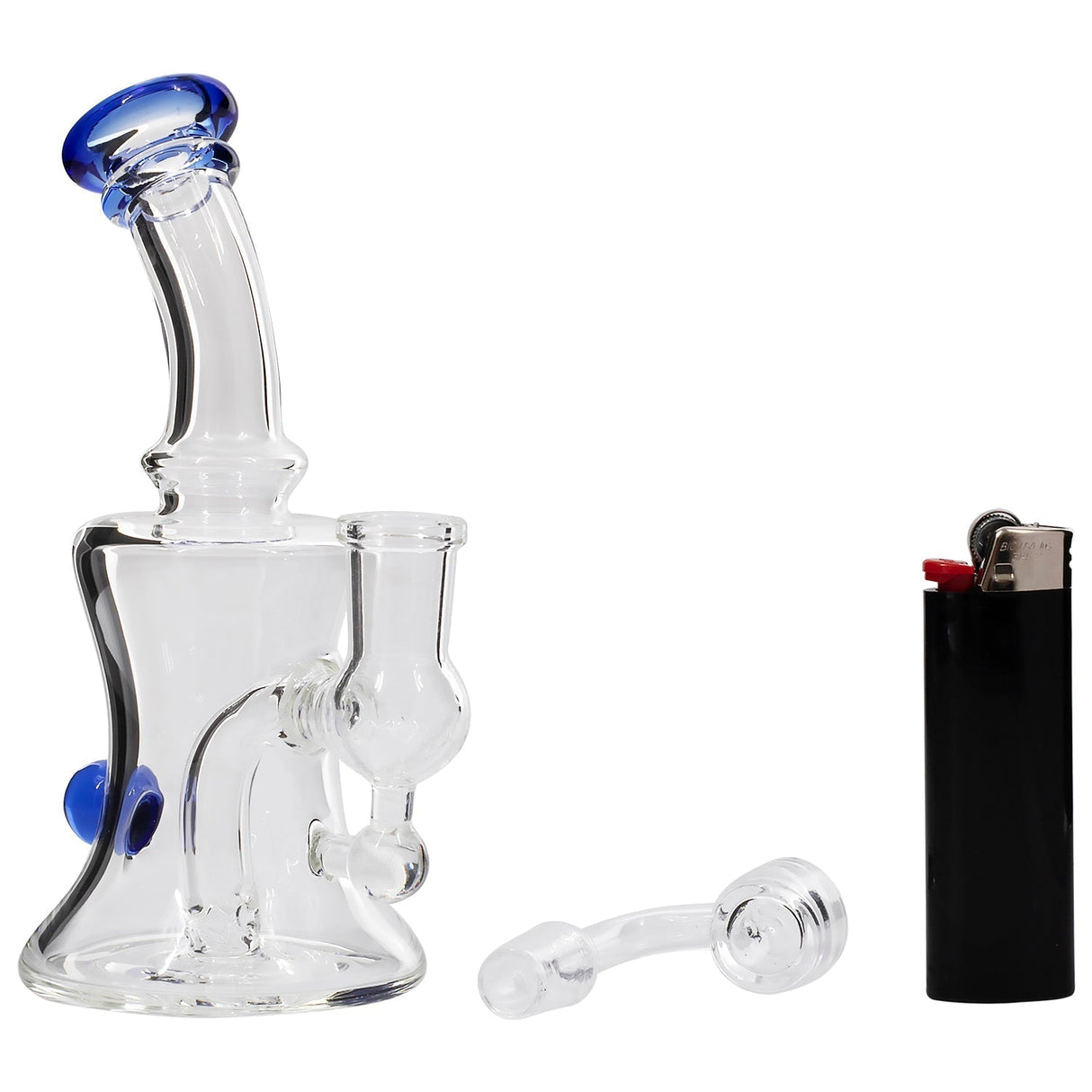 Glassic Marble-Studded Dab Rig with Blue Accents and Quartz Banger, Side View with Lighter