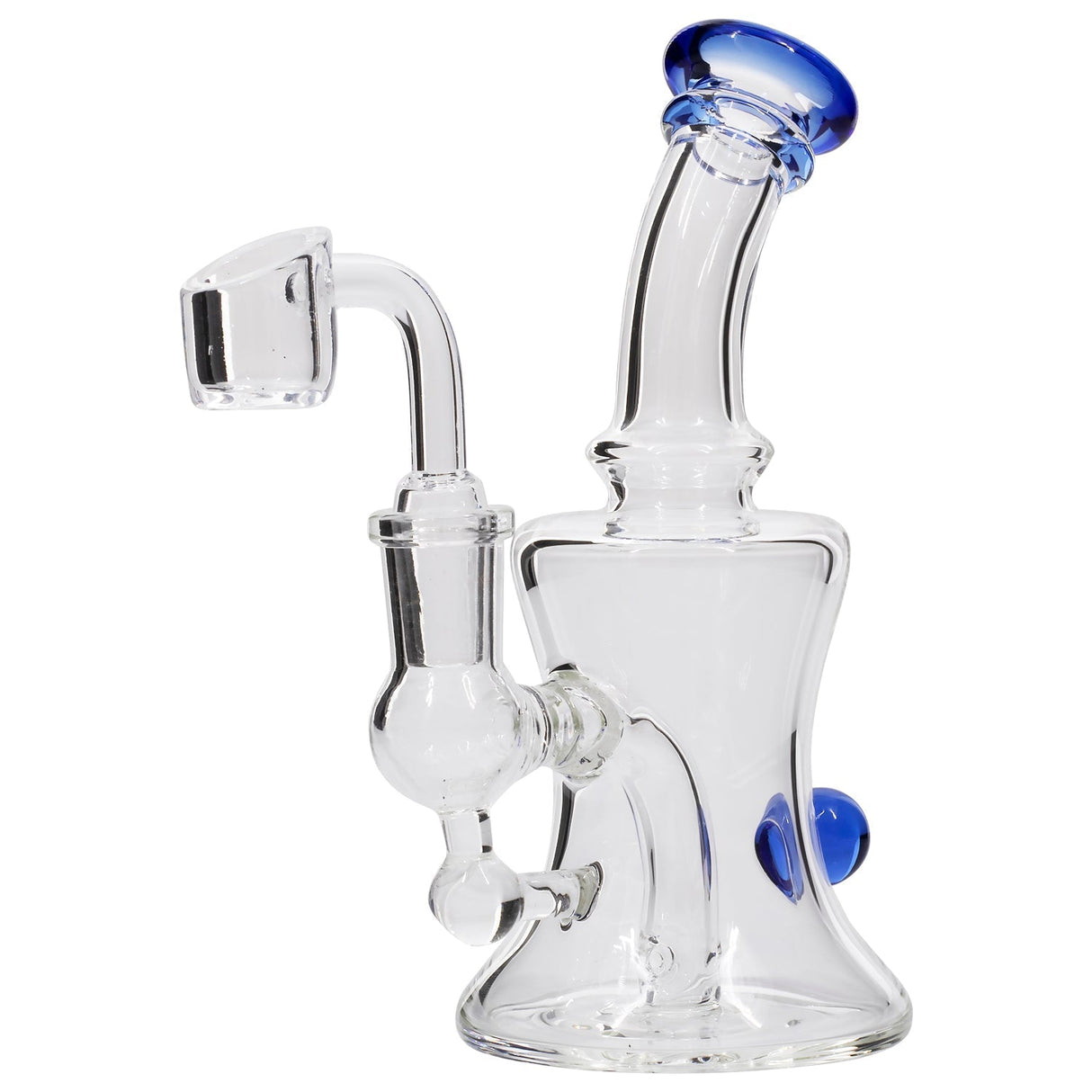 Glassic Marble-Studded Compact Dab Rig with Blue Accents and Quartz Banger, Angled View