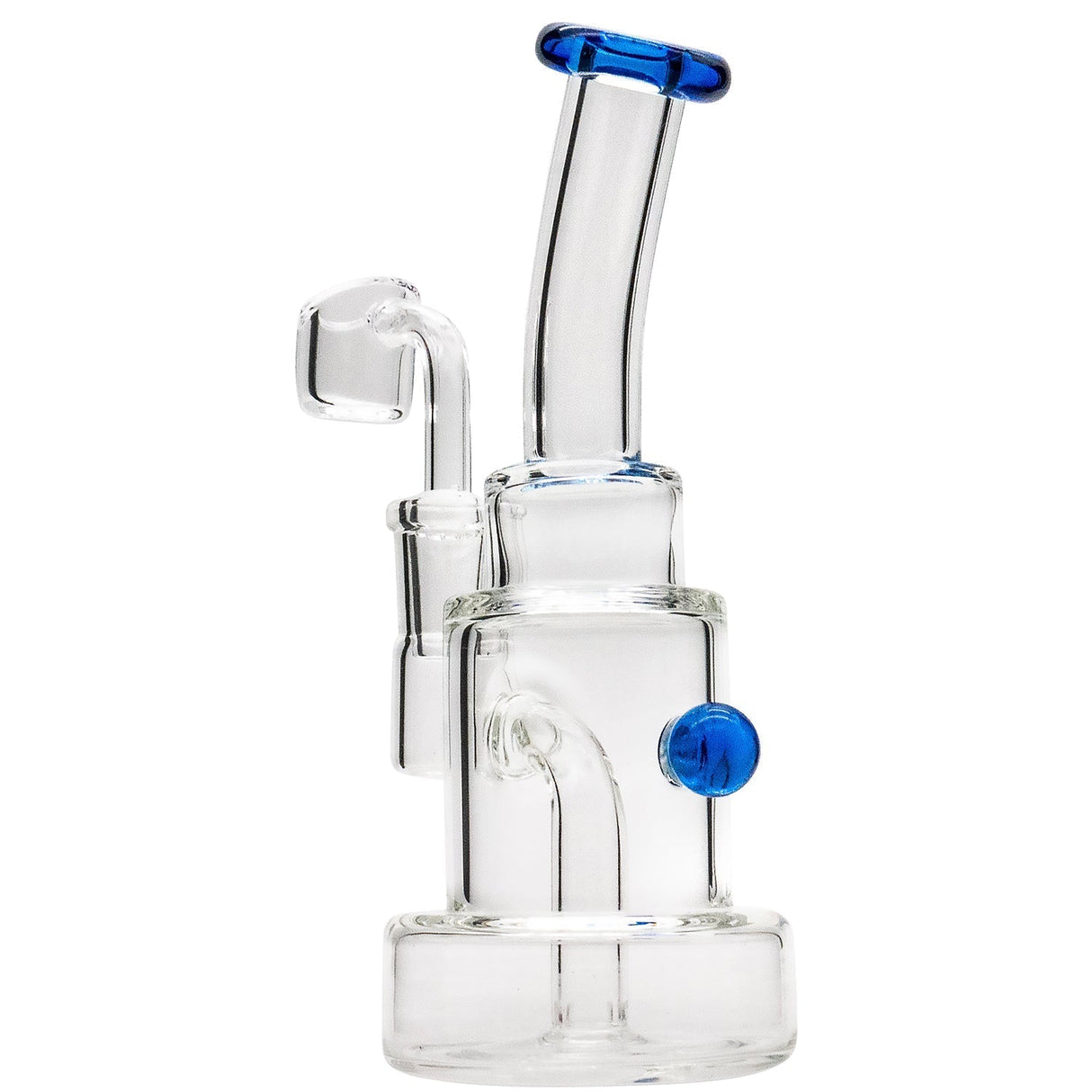 Glassic Stacked-Cake Dab Rig with blue accents, compact design, and 90-degree banger, front view on white