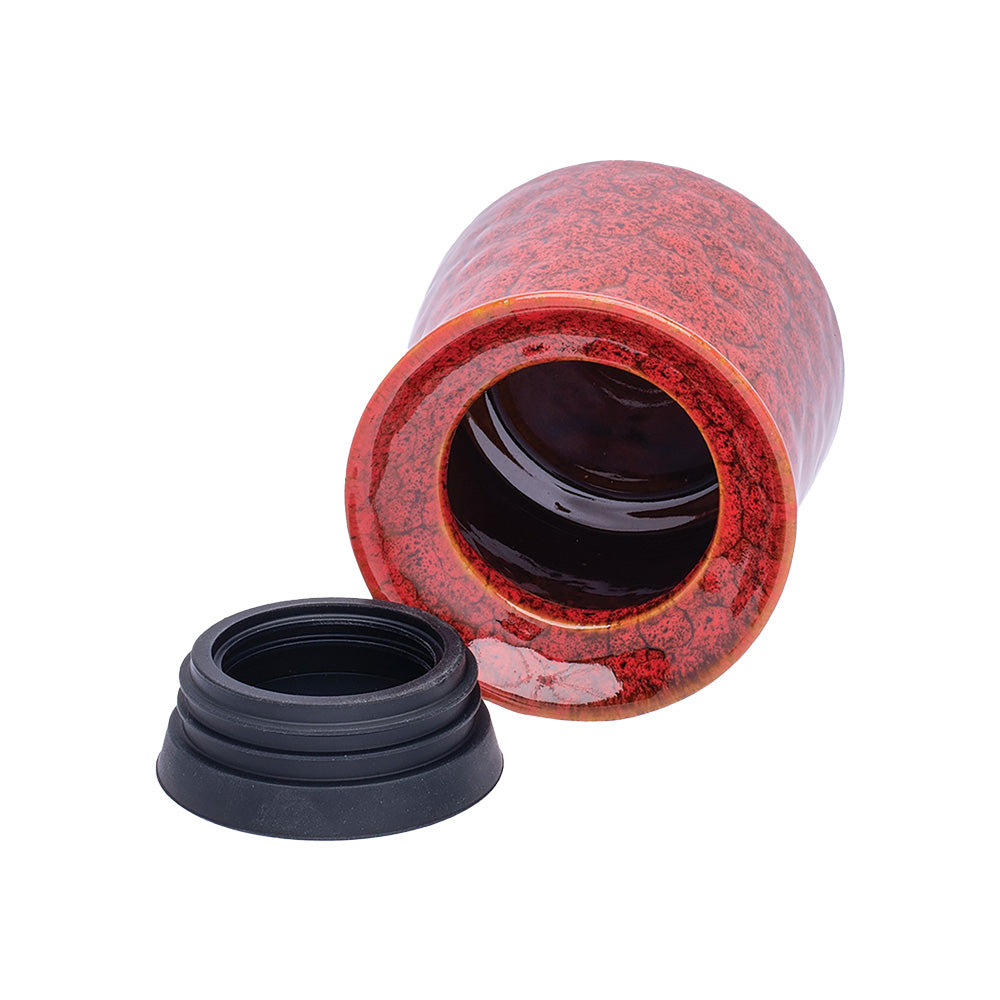 Fujima Glazed Ceramic Stash Jar in Red Marble, 3" Size, Side View with Open Lid