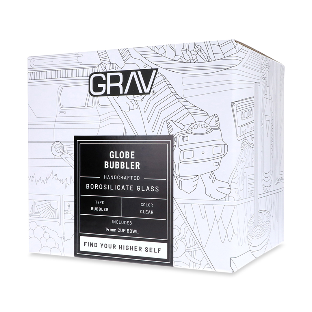 GRAV Globe Bubbler packaging, clear borosilicate glass, compact design, front view on white background