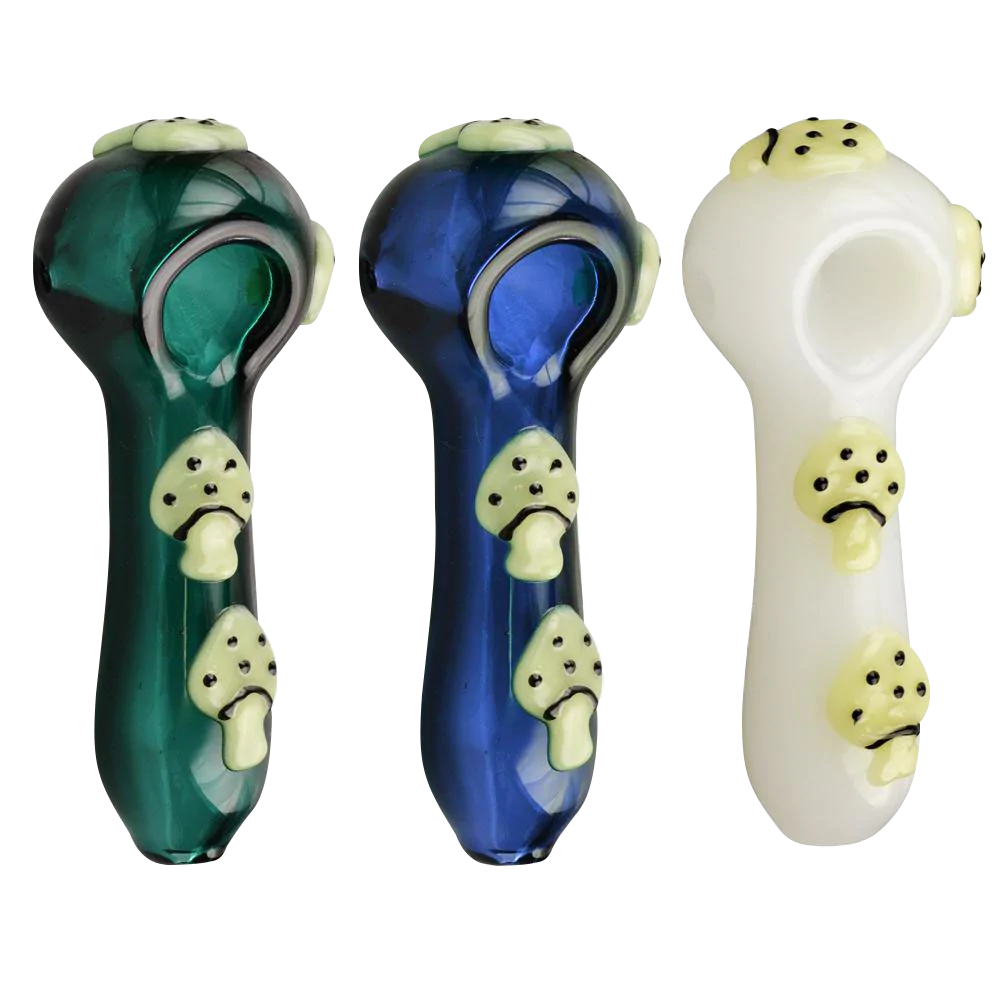 Assorted Glow in the Dark Mushroom Spoon Pipes in green, blue, and white with heavy walls