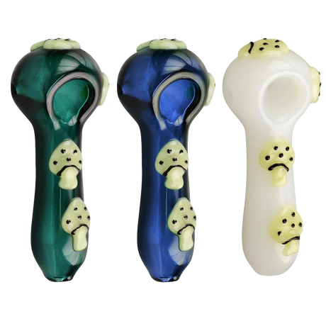 Assorted Glow in the Dark Mushroom Spoon Pipes in green, blue, and white with heavy walls