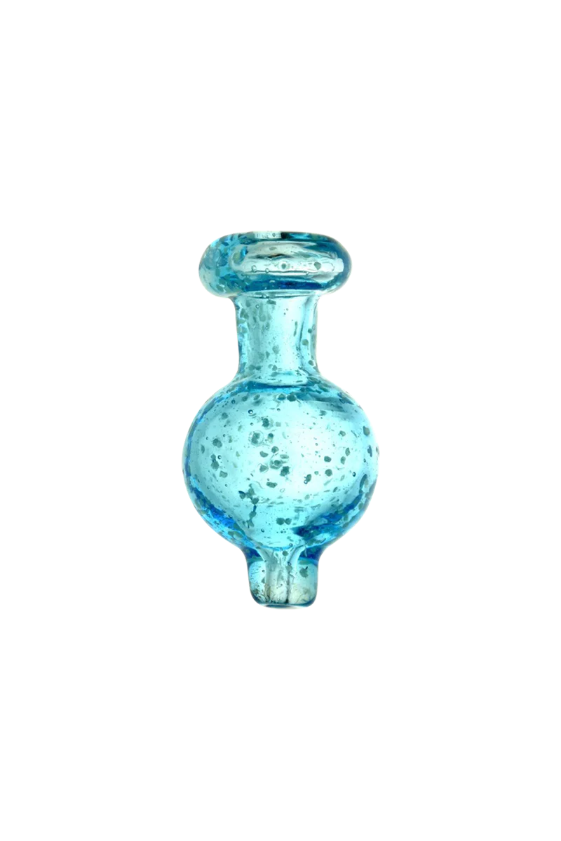 Speckled blue bubble carb cap made of borosilicate glass, glows in the dark, front view on white background