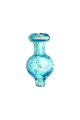 Speckled blue bubble carb cap made of borosilicate glass, glows in the dark, front view on white background