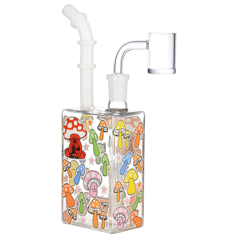 Glow Mushroom Juice Box Dab Rig with Colorful Design, 14mm Female Joint, Front View