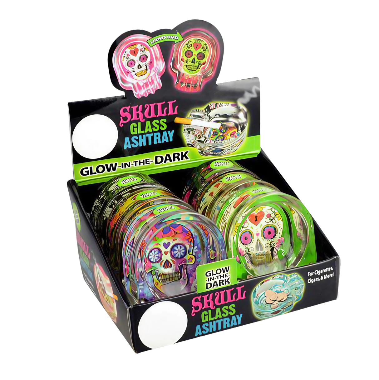 Assorted Glow Sugar Skull Glass Ashtrays in Display Box, Borosilicate, 3"x4"