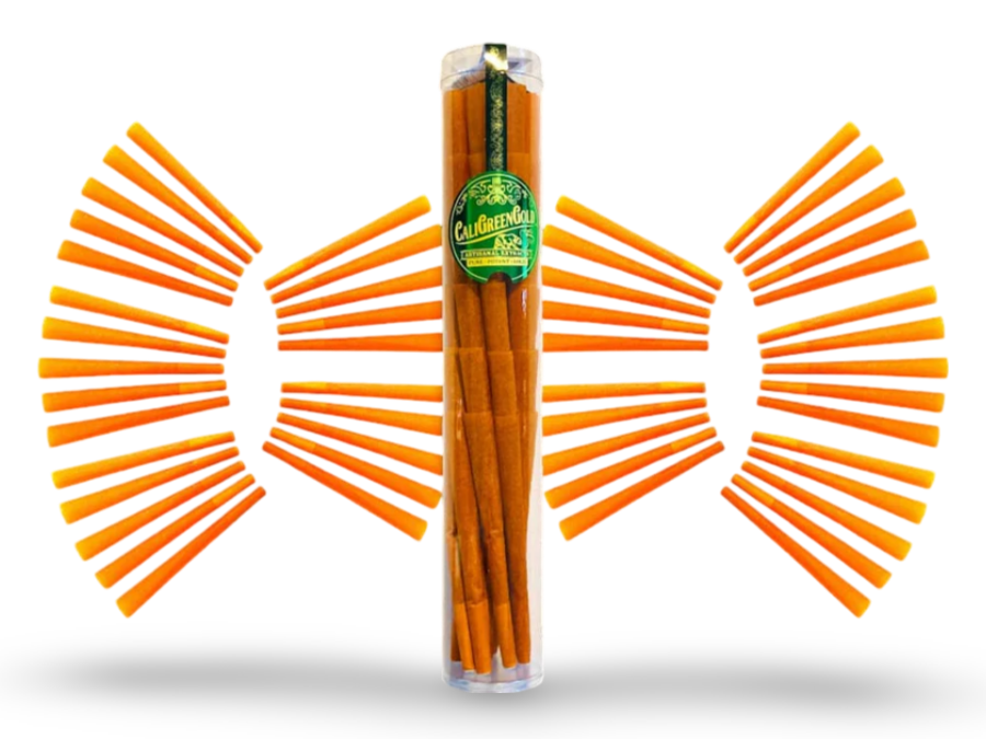 CaliGreenGold Goji Berry Infused King Cones pack with bamboo tool, front view on white background