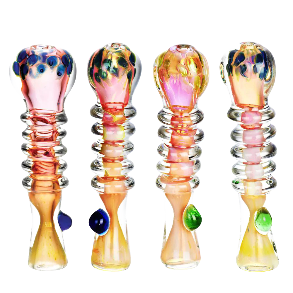 Gold Fume Banded Chillum Pipes with Marbles, Compact 3.5" Hand Pipes, Front View