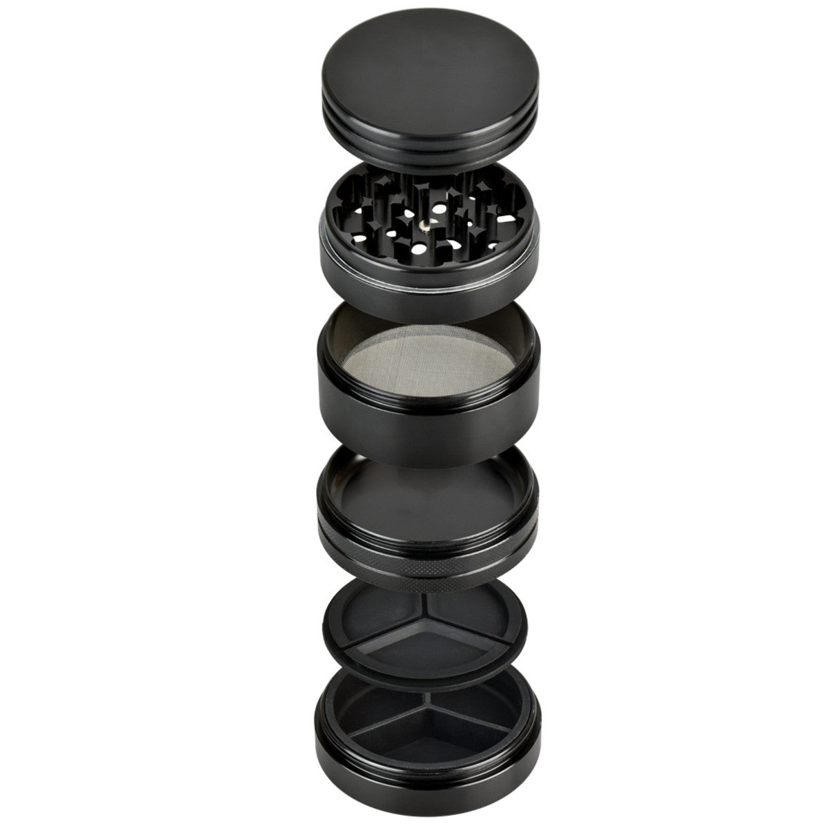 Pulsar 5-piece herb/wax storage grinder in black, 2.5" diameter, with kief catcher, front view