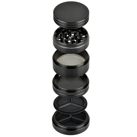 Pulsar 5-piece herb/wax storage grinder in black, 2.5" diameter, with kief catcher, front view