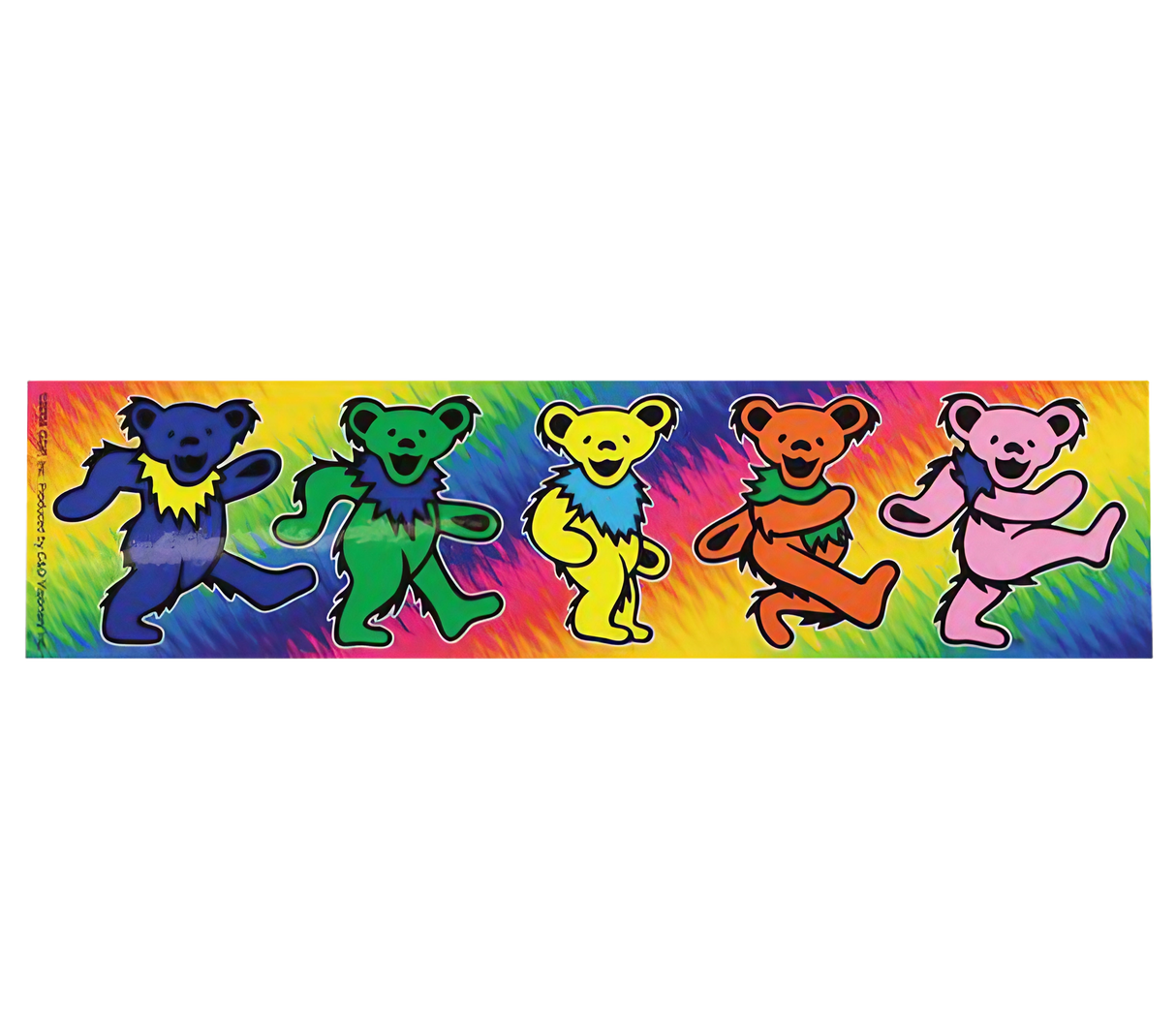 Grateful Dead Dancing Bear Bumper Sticker, 2"x8", vibrant tie-dye background, front view