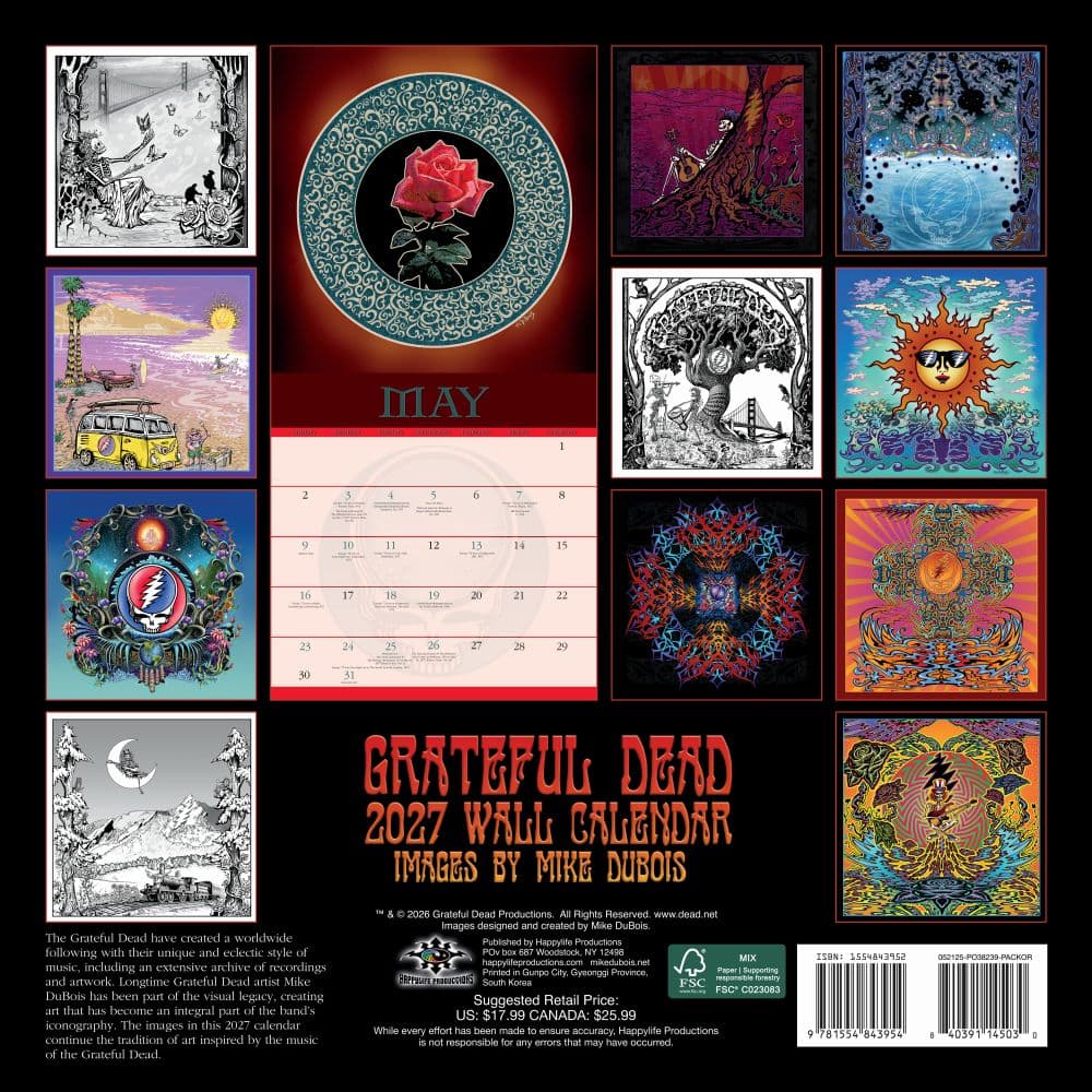 Officially licensed Grateful Dead 2027 wall calendar printed on quality photo paper, 12 inches square