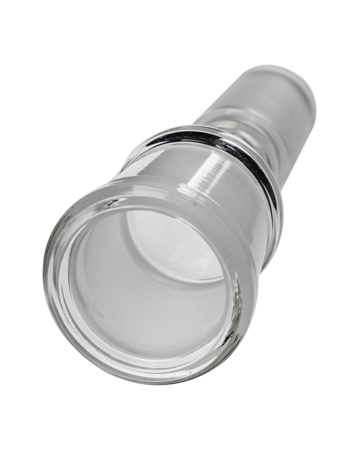 GRAV borosilicate glass adapter, 14mm male to 18mm female, clear, angled view