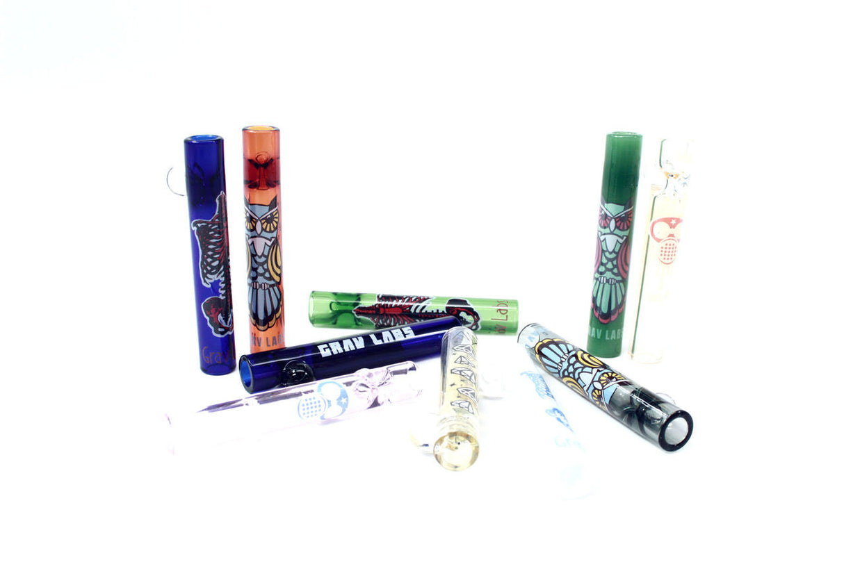 Assorted GRAV 3" 12mm Glass Tasters with Whimsical Decals, 10 Pack, on White Background