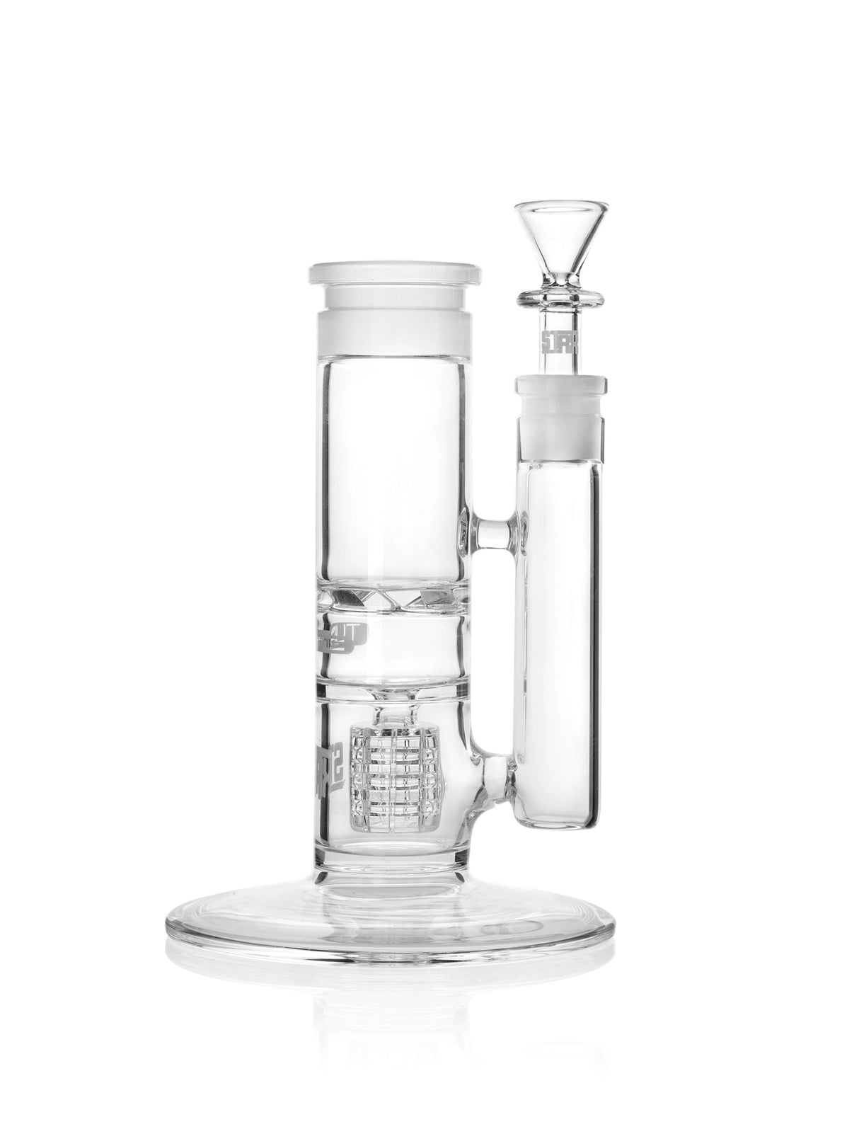 GRAV 7" Stax Turbine Base clear borosilicate glass bong part, 90 degree joint, front view on white