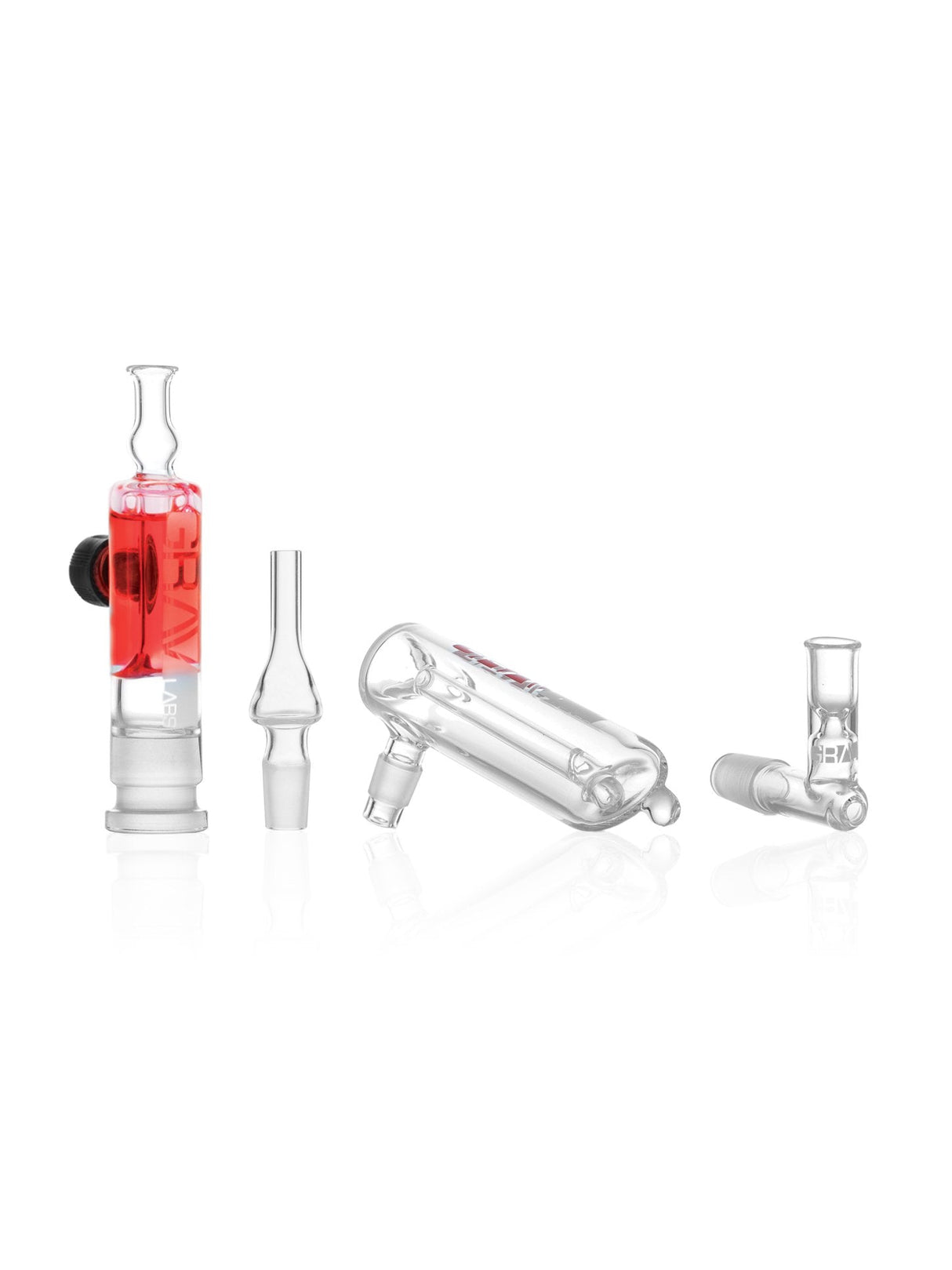 GRAV Chiller Multi Kit 3-in-1 Glass Pipe, Red Glycerin Mouthpiece, Bubbler Attachment, Front View