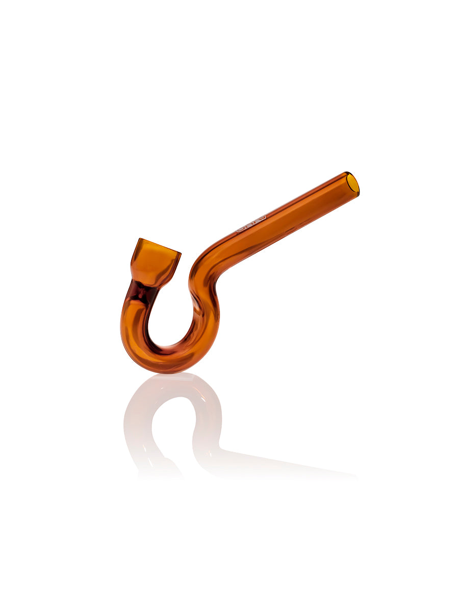 GRAV Hook Hitter hand pipe in amber, made of borosilicate glass, side view on white background