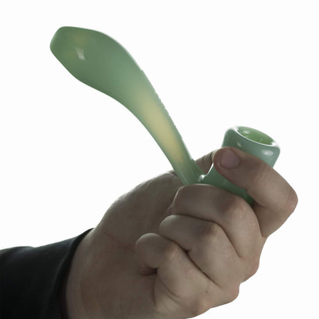 Hand holding GRAV Classic Sherlock Glass Pipe in green, 6-inch, for dry herbs, with deep bowl