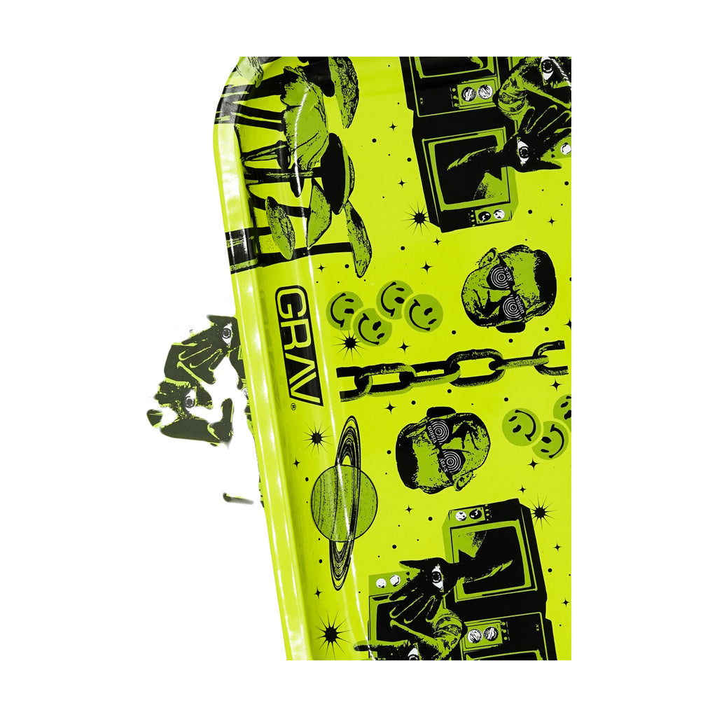 GRAV® 2023 Metal Rolling Tray with Magnetic Lid featuring vibrant green and black design