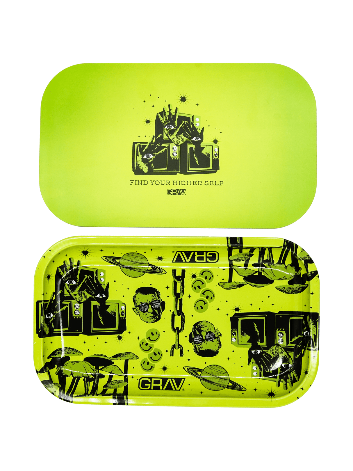 GRAV® 2023 Metal Rolling Tray with Magnetic Lid in Neon Green - Top and Inside View