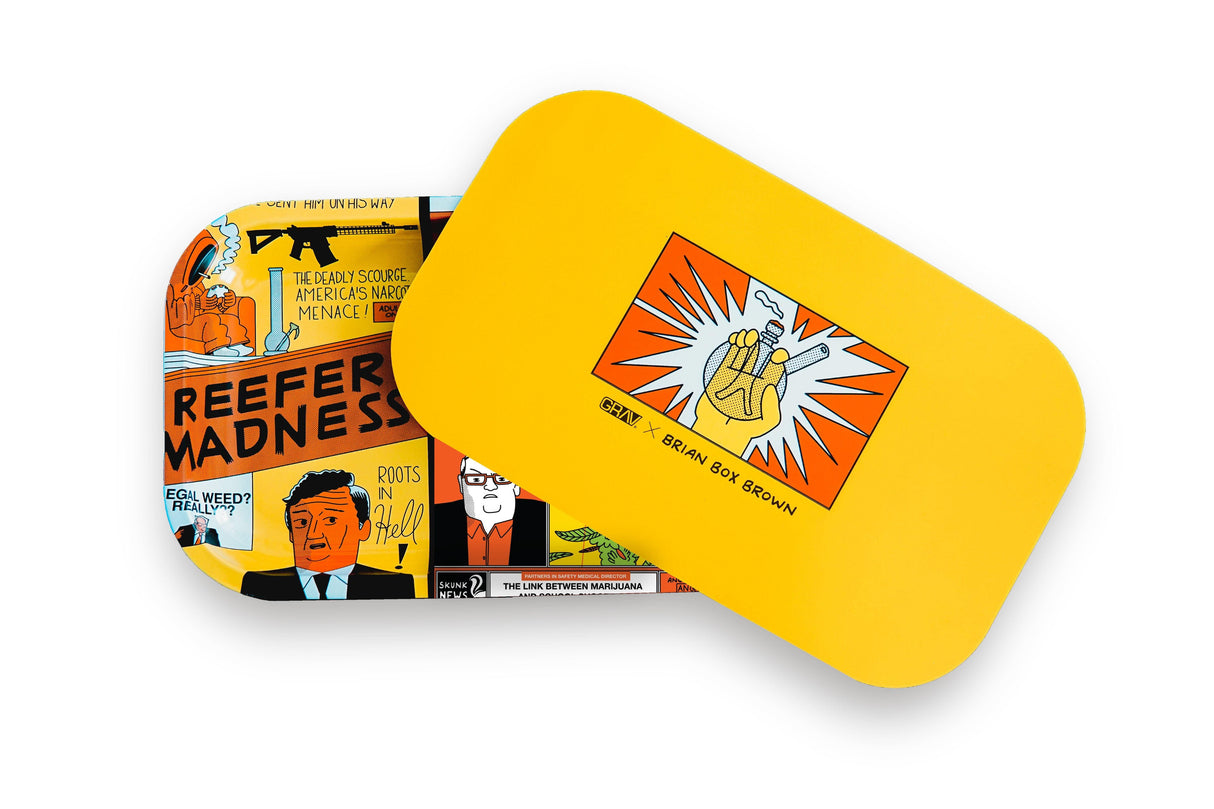 GRAV® Box Brown Rolling Tray with Magnetic Lid, Pop Art Design, Angled View